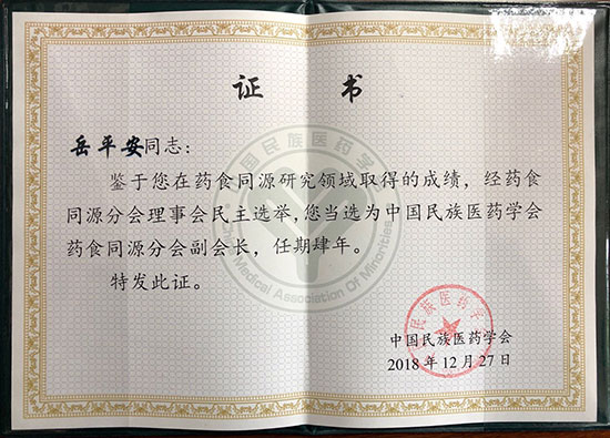喜訊！恭喜岳平安董事長(zhǎng)榮獲“中國(guó)民族醫(yī)藥學(xué)會(huì)藥食同源分會(huì)副會(huì)長(zhǎng)”